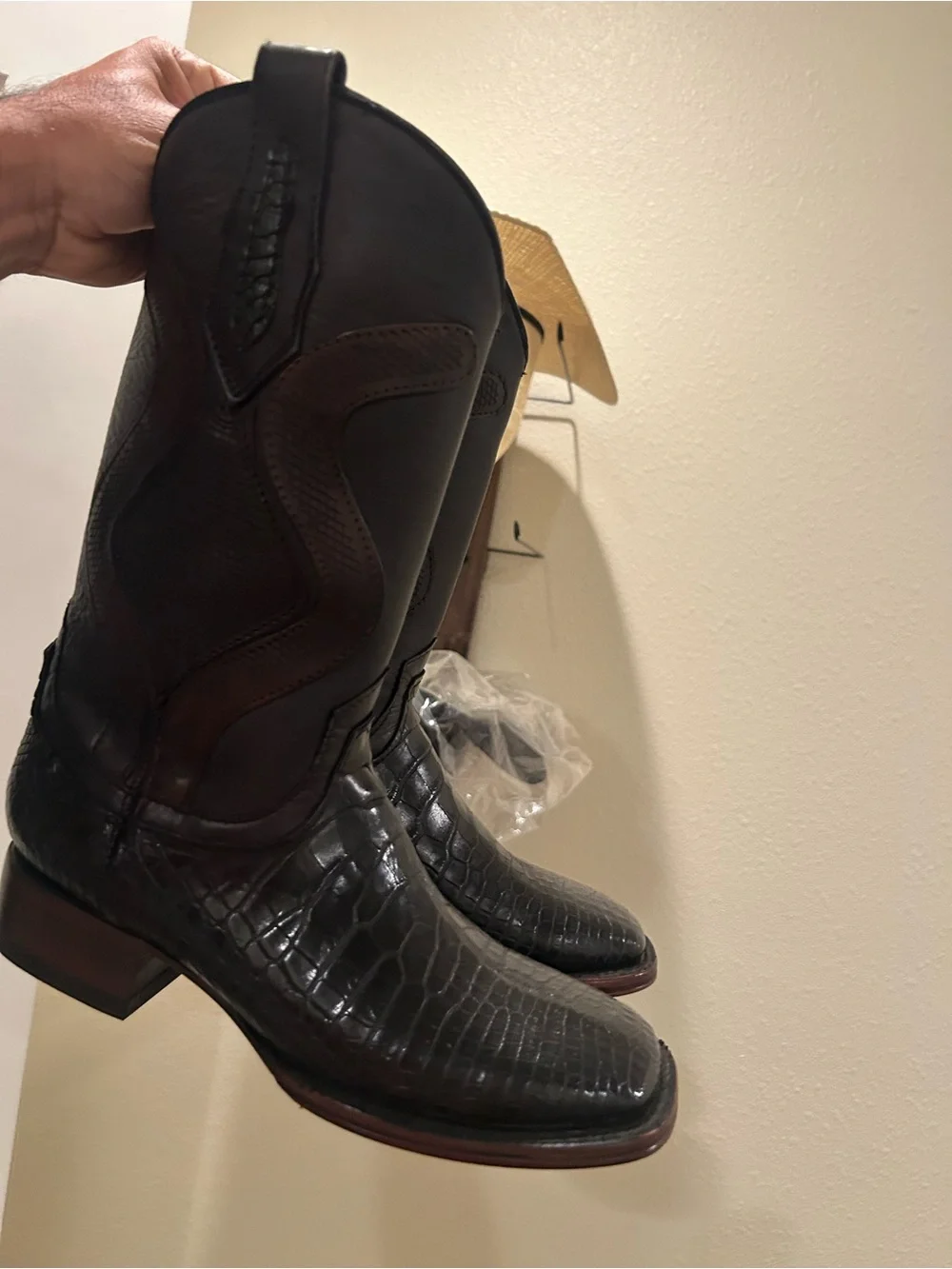 Men's Black Croc-Embossed Leather Cowboy Boots